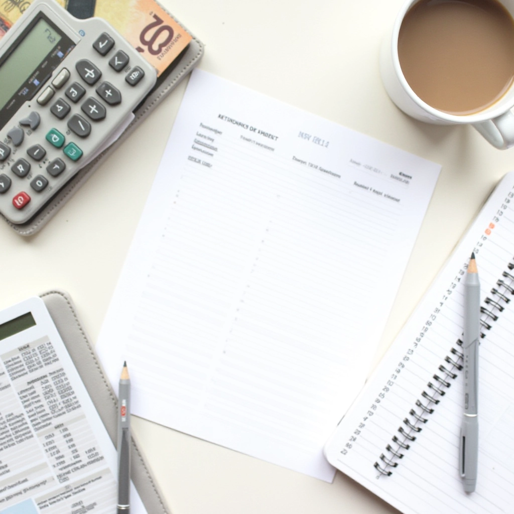Budget Wise editorial workspace with budget templates, notebooks, and planning materials organized on a clean desk surface