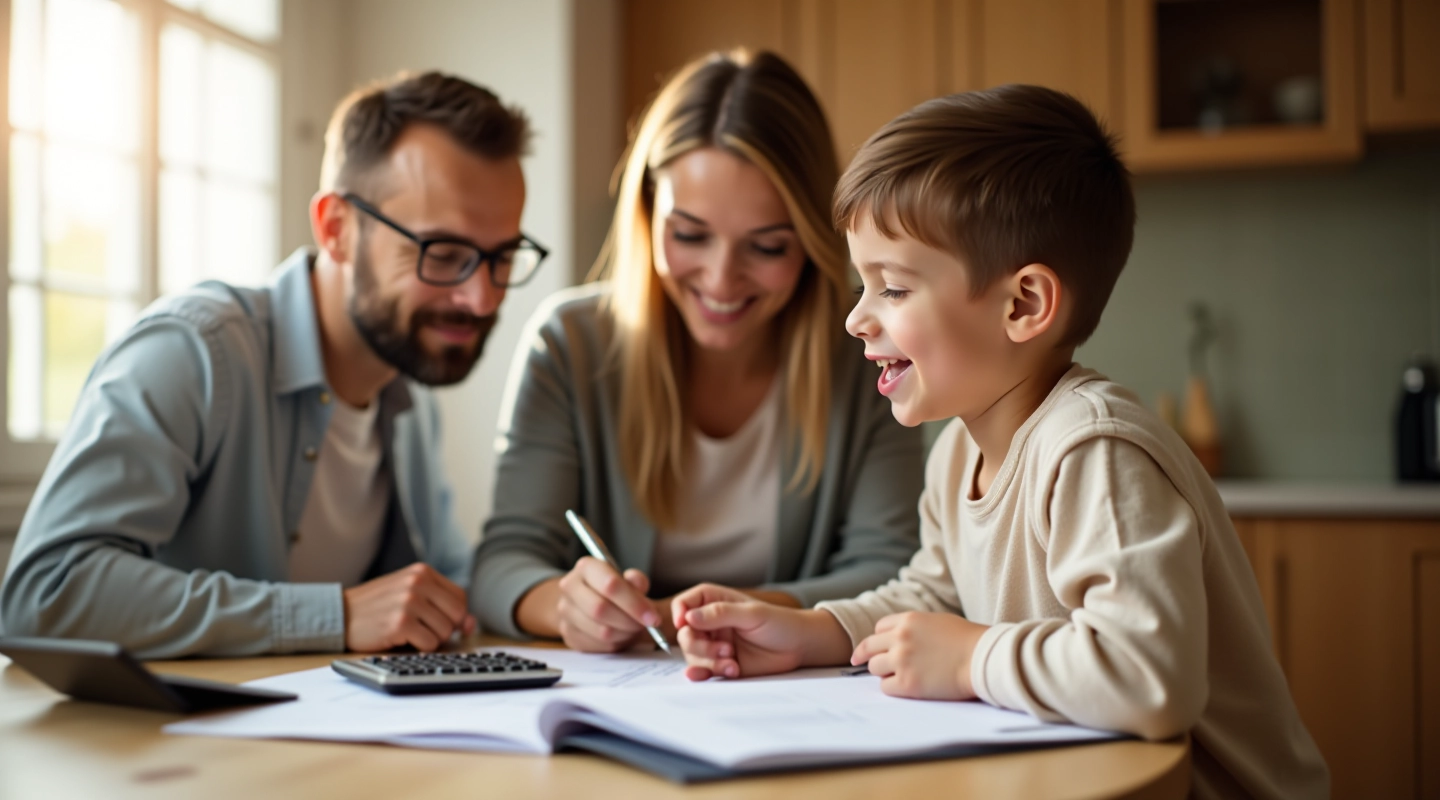 Family reviewing budget at kitchen table