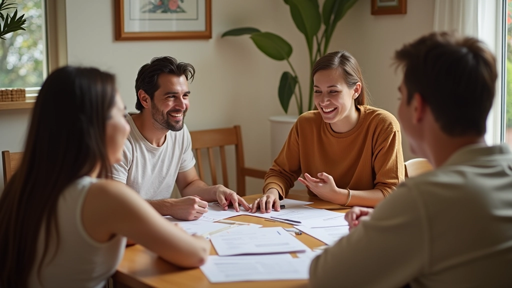 Parents and children discussing household finances around table